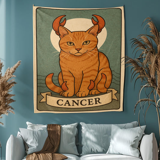 Cancer Zodiac Cat Tapestry Wall Art for Astrology Lovers, Whimsical Horoscope Cat Wall Hanging, Celestial Home Decor for Cat Owners