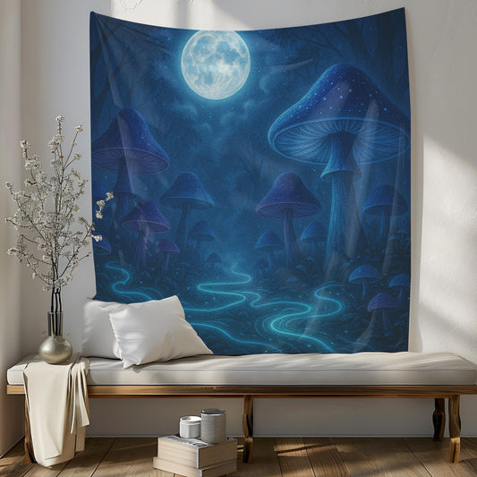 Moonlit Mushroom Forest Tapestry, Trippy Glow In The Dark Wall Art For Bedroom Or Dorm, Mystical Fairycore Decor Gift For Her Or Him