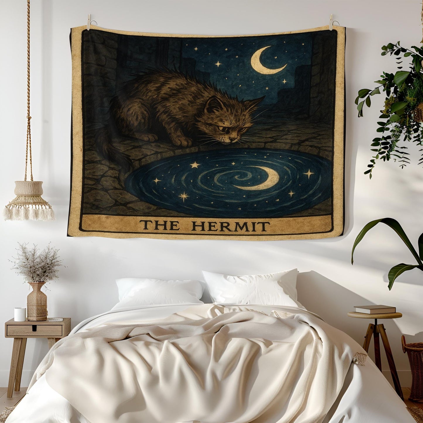 The Hermit Cat Tapestry – Tarot-Inspired Mystical Wall Art, Introspective Boho Cat Decor, Celestial Gothic Tapestry for Bedroom or Altar