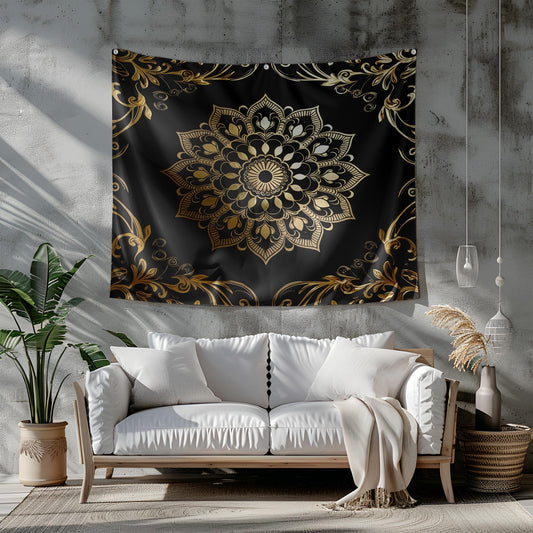 Black Gold Mandala Tapestry, Luxurious Metallic Wall Hanging, Elegant Boho Decor, Intricate Swirling Design Art, Luxurious Mandala