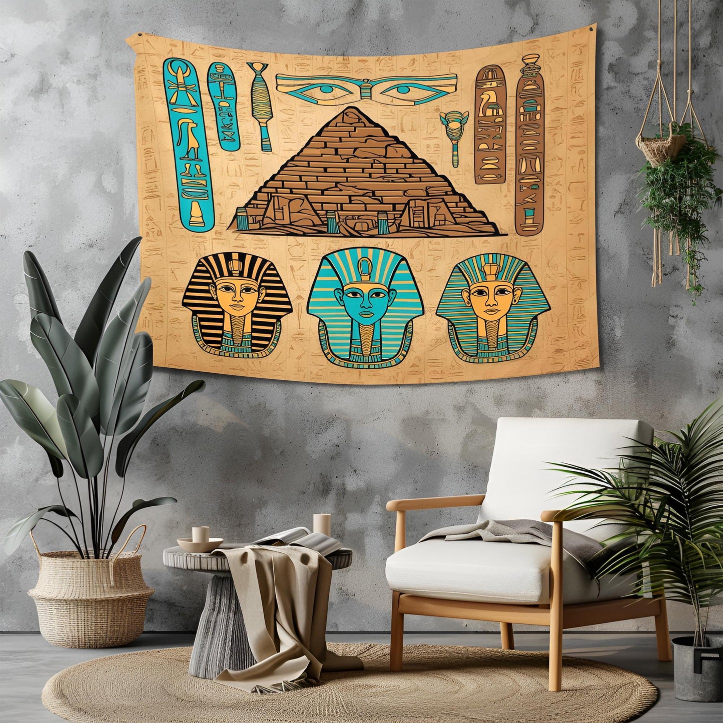 Egyptian Tapestry with Hieroglyphs, Pyramids & Pharaoh Masks, Golden Brown Turquoise Tones, Ancient Papyrus Texture Wall Art