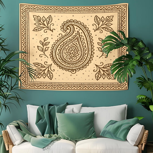 Boho Paisley Wall Tapestry in Beige and Brown – Vintage Floral Textile Art for Bedroom, Living Room, or Meditation Space