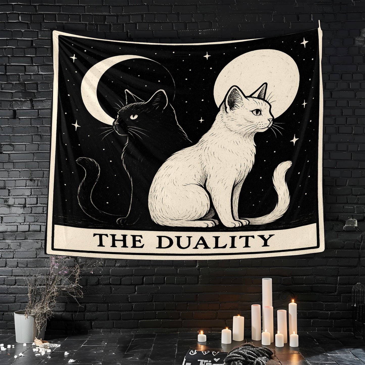 The Duality Cat Tapestry – Yin Yang Cat Wall Art, Black and White Cat Decor, Mystical Gothic Tapestry for Boho, Altar, or Bedroom Walls