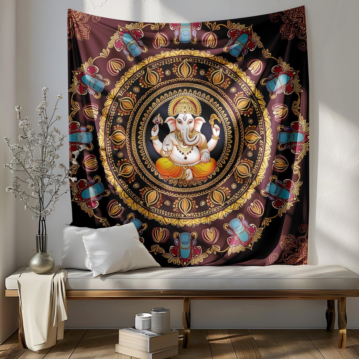 Lord Ganesha Mandala Tapestry, Indian Spiritual Wall Hanging, Elephant Motif Decor, Maroon Saffron Boho Art, Hindu Sacred Design