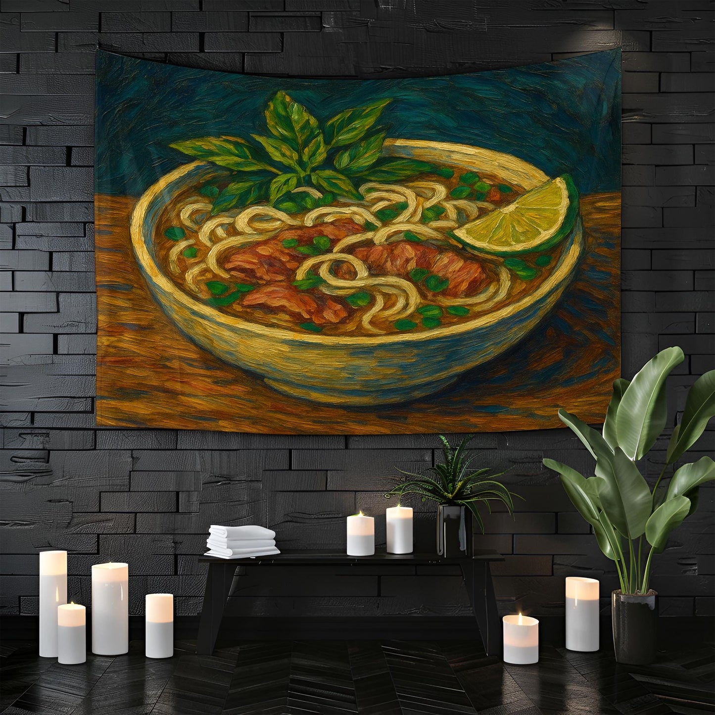 Vietnamese Pho Noodle Soup Wall Tapestry, Hand-Painted Style Food Art with Lime and Herbs, Cozy Kitchen or Dining Room Asian Cuisine Decor
