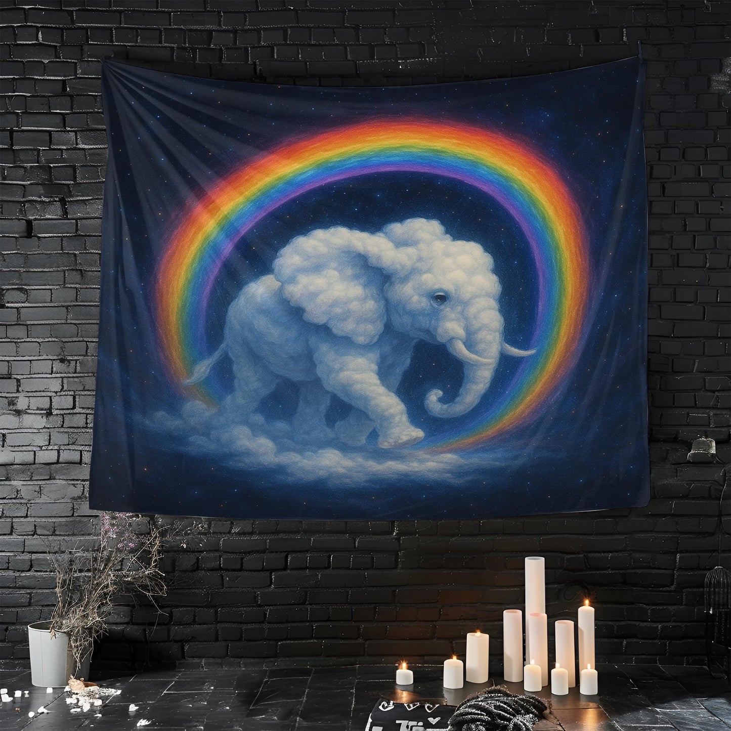 Rainbow Elephant Tapestry Wall Hanging, Dreamy Cloud Elephant Art For Kids Room Or Nursery, Whimsical Boho Decor Gift For Animal Lovers