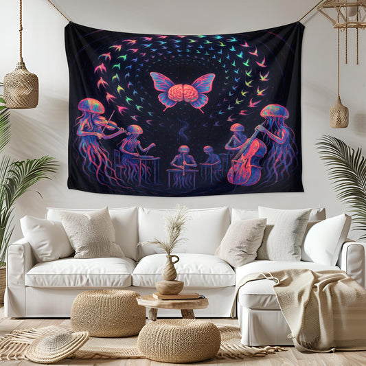 Psychedelic Music Tapestry – Jellyfish Orchestra Wall Art, Brain Butterfly Decor, Trippy Band Scene, Surreal Music Lover Gift