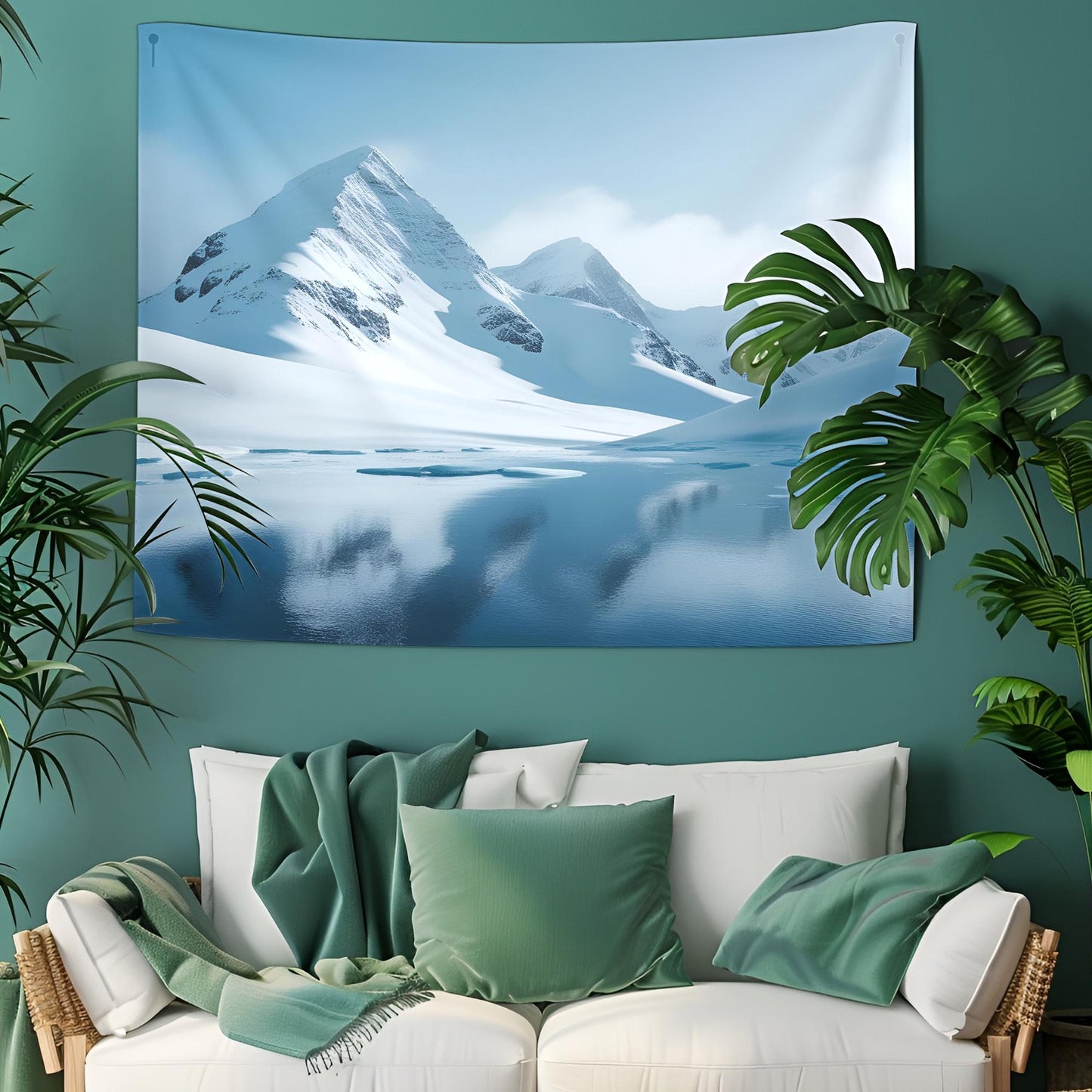 Snow-Covered Mountain Peaks Tapestry, Cool Blue Tones with Misty Softened Edges, Icy Reflections, Minimalist & Stylized Landscape Art
