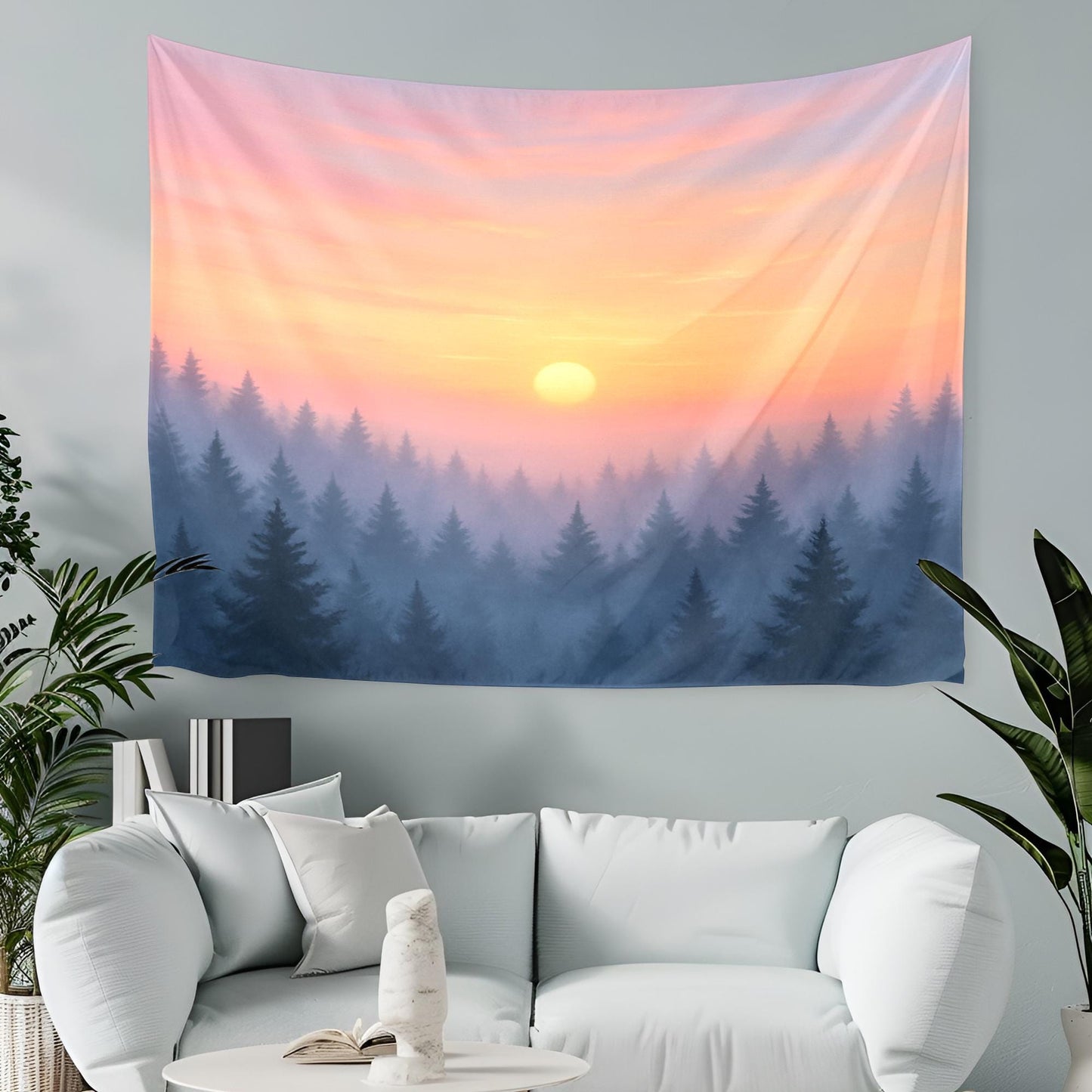 Sunrise Forest Landscape Tapestry with Misty Pine Trees and Pastel Sky – Tranquil Nature Wall Art for Boho Home and Bedroom Decor