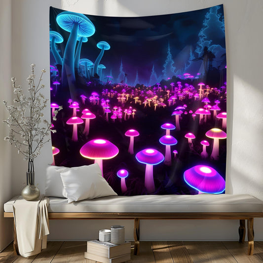 Glowing Bioluminescent Mushroom Forest Tapestry, Neon Fungi Dreamscape, Surreal Fractal Background, Dark Purple Blue Psychedelic Art