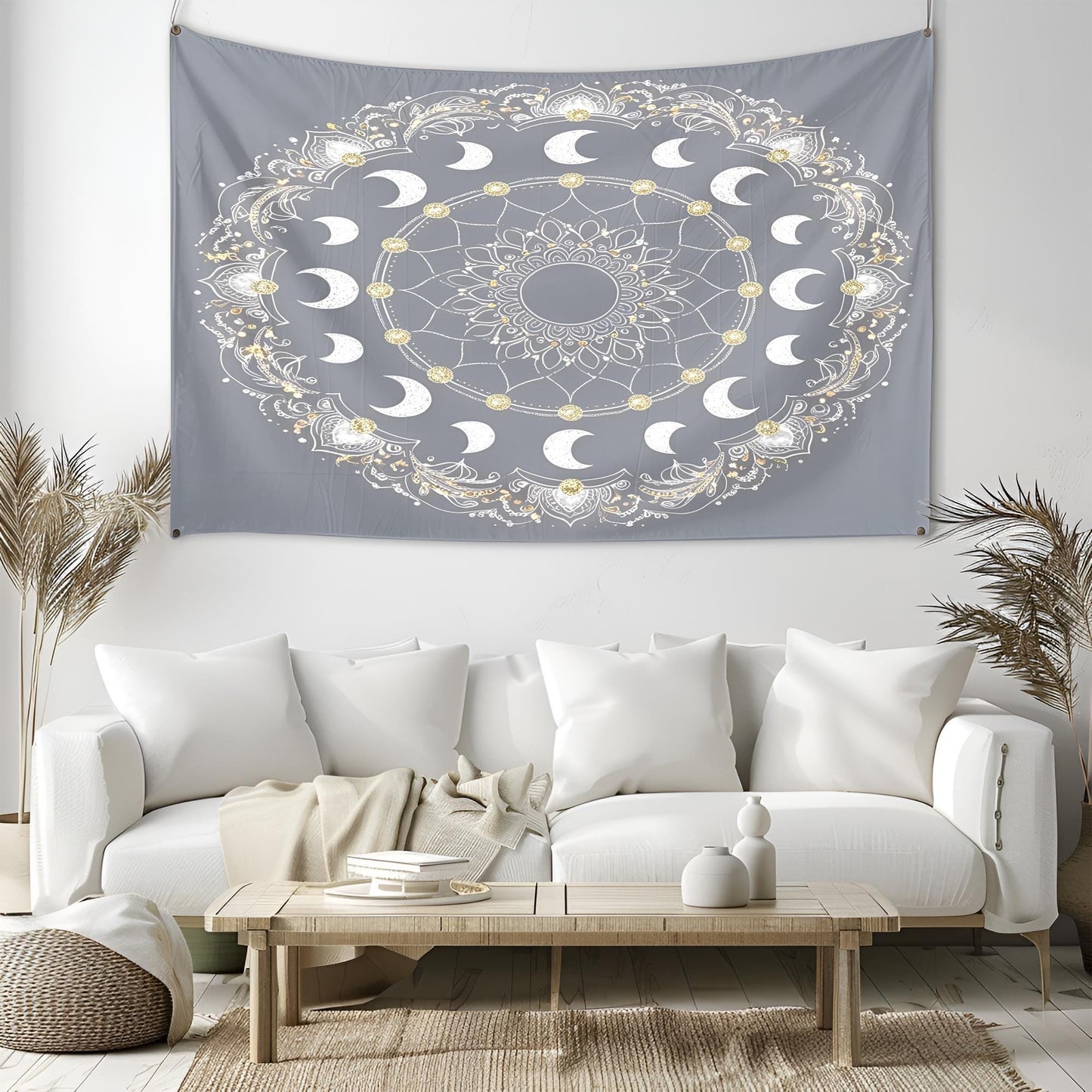 Celestial Mandala Tapestry, Crescent Moon Phases with Silver & Gold Accents, Intricate Swirling Patterns, Cosmic Boho Wall Decor