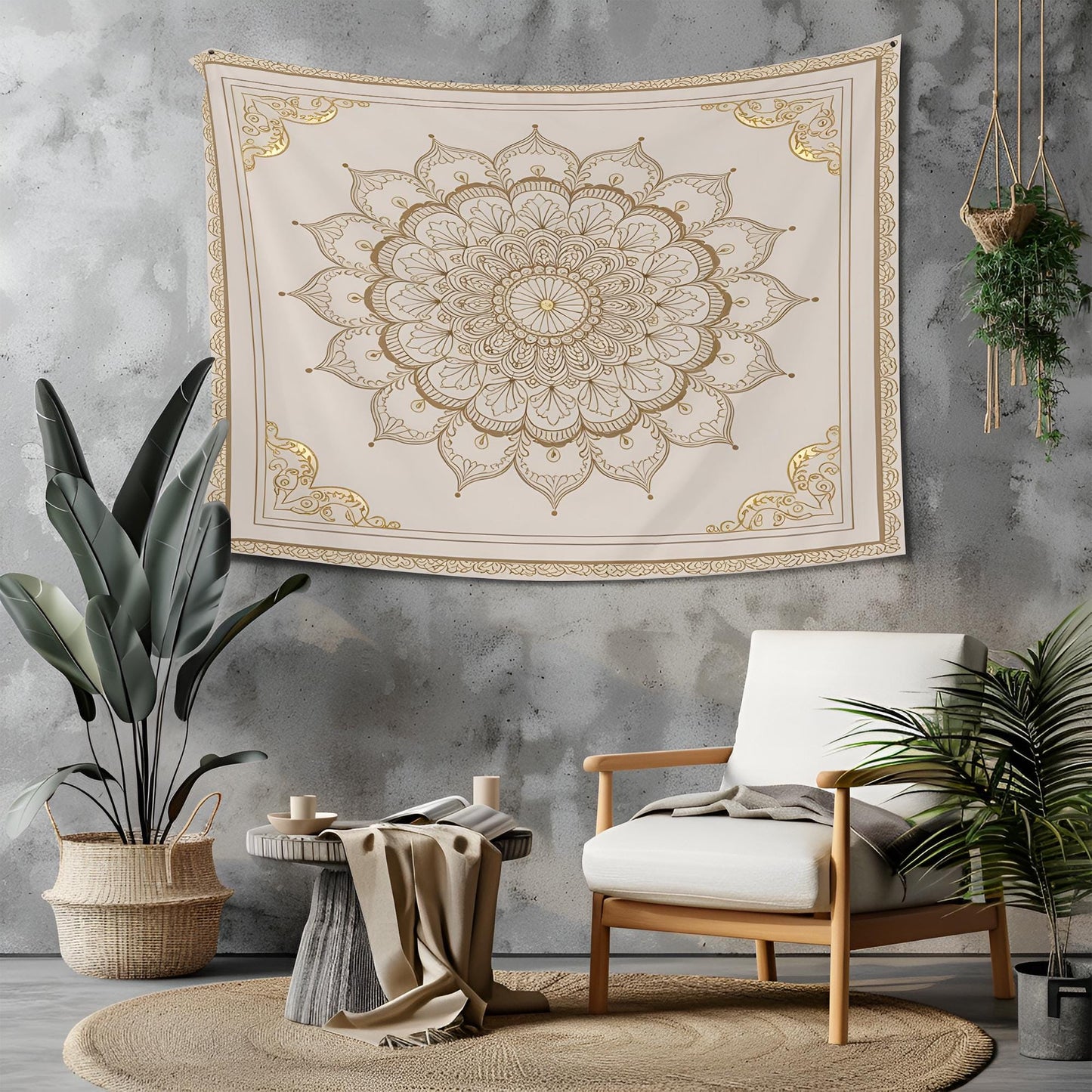 Symmetrical Indian Mandala Tapestry, Delicate Gold Filigree Details, Subtle Decorative Frame, Square Layout, Elegant Boho Wall Art