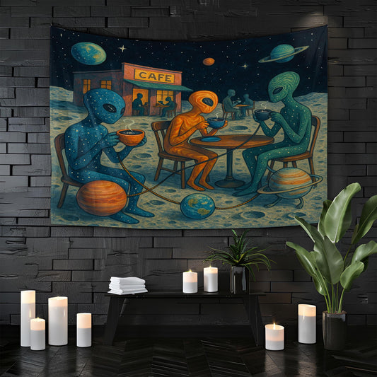 Alien Cafe Wall Tapestry with Space Beings Drinking Coffee on the Moon, Whimsical Outer Space Art for Sci-Fi Bedroom or Dorm Room Decor
