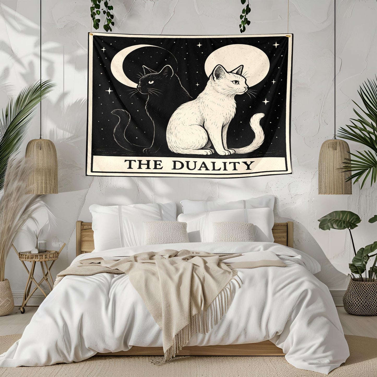 The Duality Cat Tapestry – Yin Yang Cat Wall Art, Black and White Cat Decor, Mystical Gothic Tapestry for Boho, Altar, or Bedroom Walls