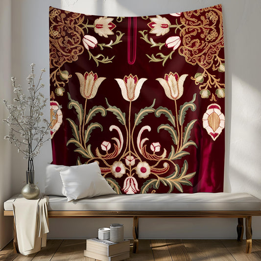 Ottoman Kaftan Embroidery Tapestry, Intricate Tulip Motifs & Golden Arabesques on Rich Velvet Textures, Luxurious Traditional Wall Art