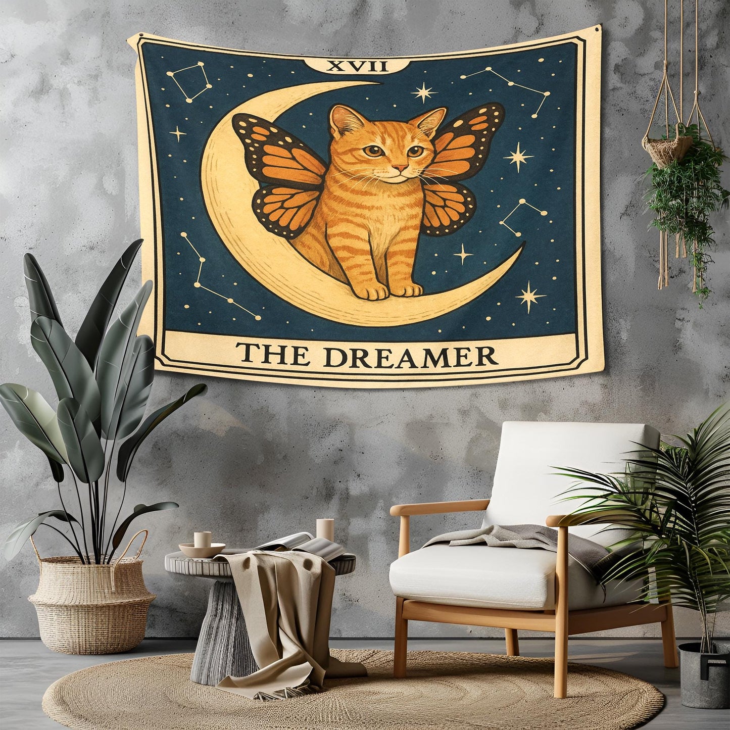 The Dreamer Cat Tapestry – Celestial Cat Wall Art, Butterfly Wing Cat Decor, Magical Tarot-Inspired Tapestry for Boho or Bedroom Walls