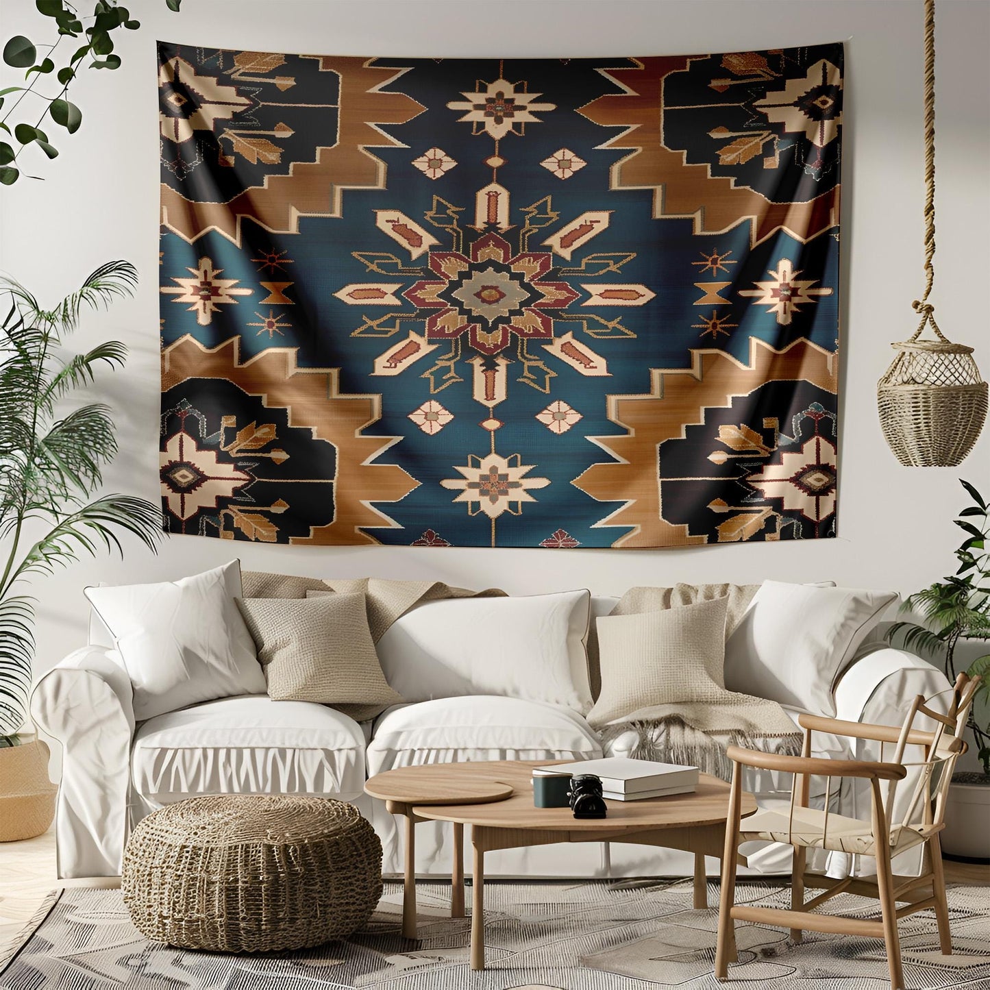 Turkish Seljuk Rug Tapestry, Symmetrical Geometric Wall Hanging, Eight-Pointed Star Design, Deep Turquoise Gold Decor,Turkish Rug Tapestry