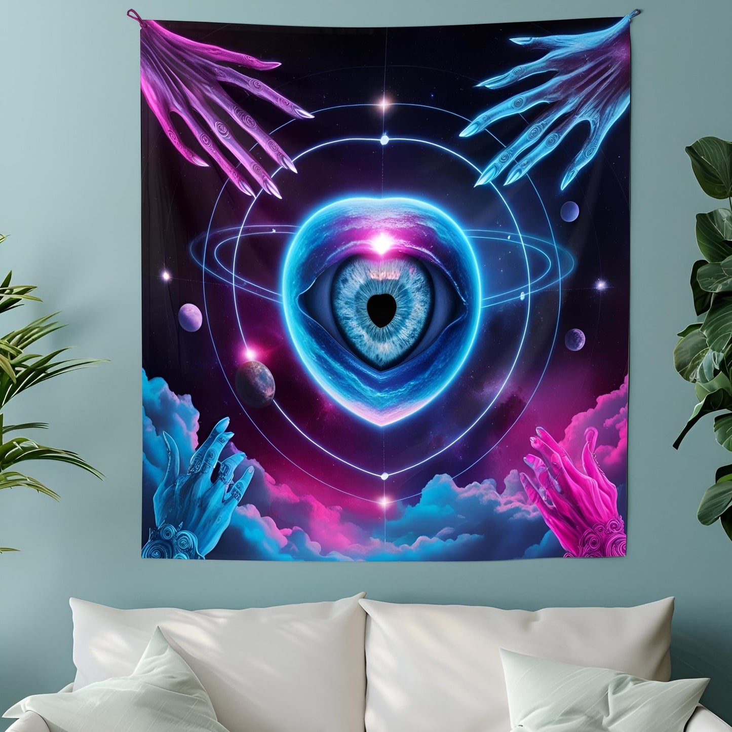 Celestial Eye Tapestry, Cosmic Vision Wall Art, Mystical Hands & Planetary Orbits, Neon Blue Pink Surreal Decor, Psychedelic Tapestry