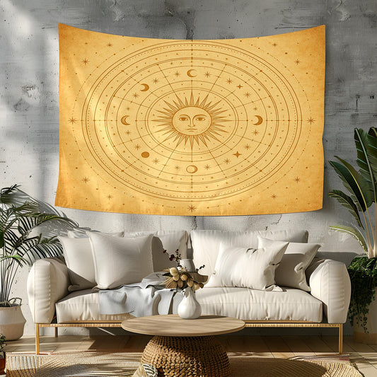 Mystical Celestial Wall Tapestry with Sun Moon Phases and Star Map – Vintage Beige Astrological Wall Art for Boho Bedroom or Meditation
