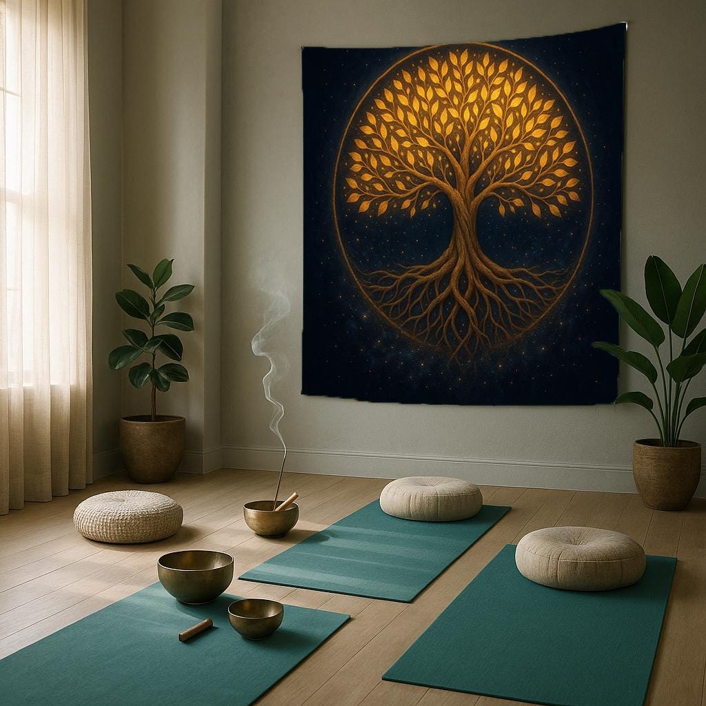 Golden Tree of Life Wall Tapestry, Mystical Night Forest Design, Boho Spiritual Wall Hanging for Bedroom, Living Room or Meditation Decor