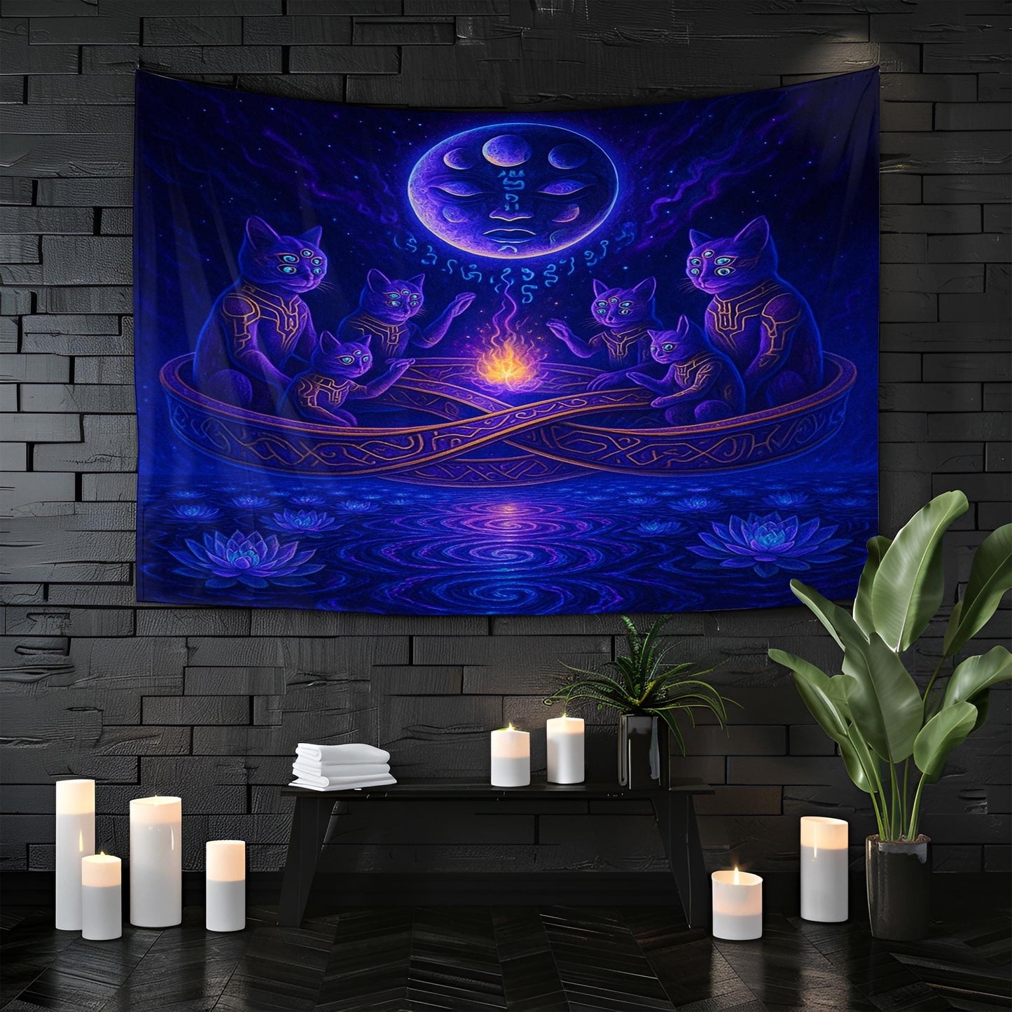 Mystic Cat Tapestry – Trippy Cosmic Cats Wall Art, Spiritual Fire Circle Decor, Celestial Feline Tapestry, Psychedelic Moonlit Scene