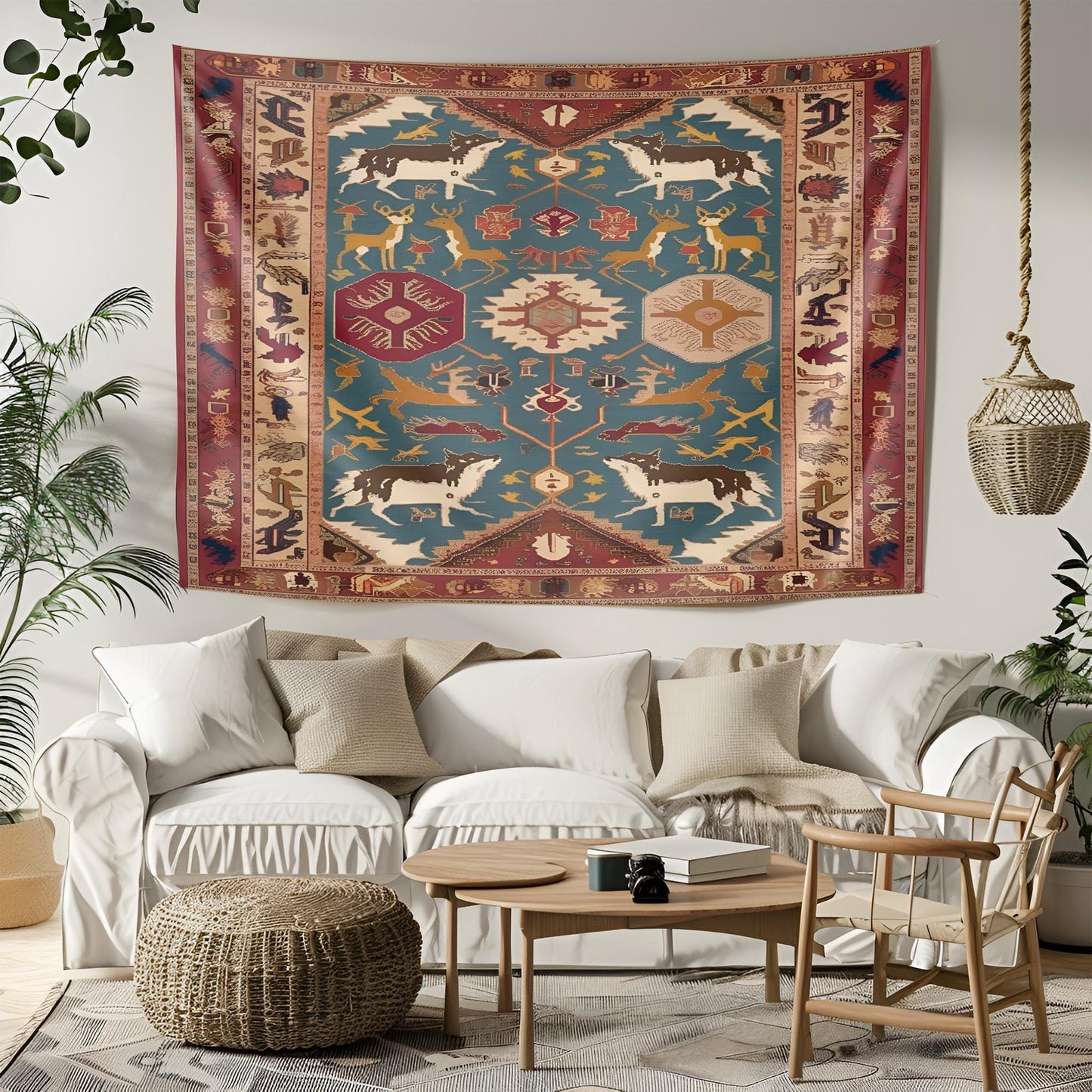 Legendary Turkish Rug Tapestry, Ancient Mythology Symbols, Wolves Deer Dragons Design, Rich Earthy Tones Wall Hanging