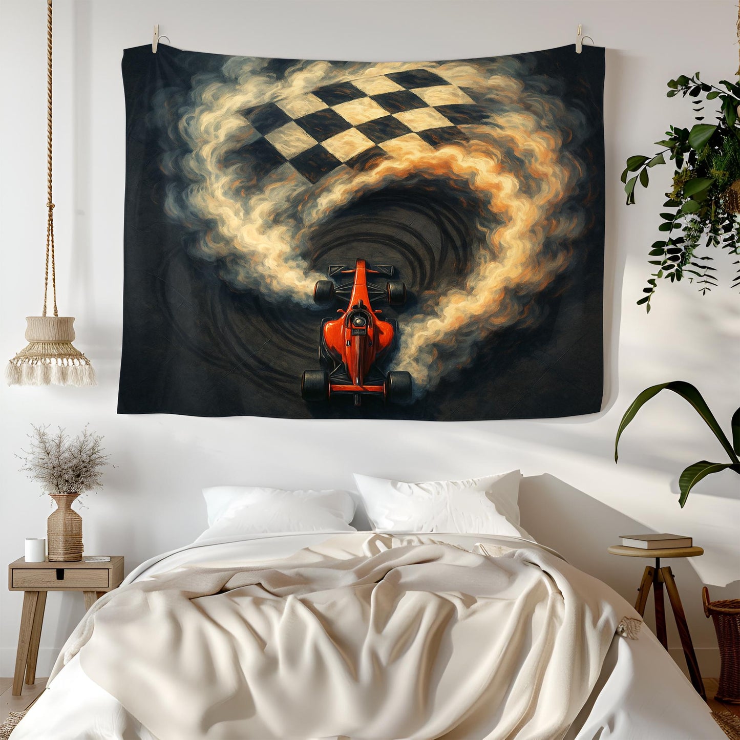 Formula 1 Racing Tapestry, Red F1 Car Wall Art with Checkered Flag, Motorsport Decor for Man Cave, Speed Lover Gift, Auto Room Print