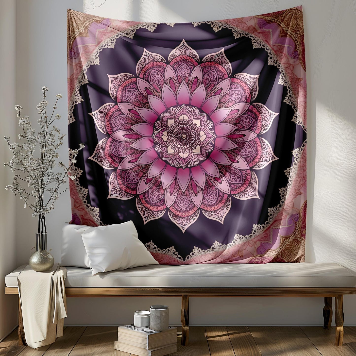Bohemian Lotus Flower Mandala Tapestry, Intricate Paisley and Geometric Wall Hanging, Lace Inspired Pink Purple Gold Home Decor