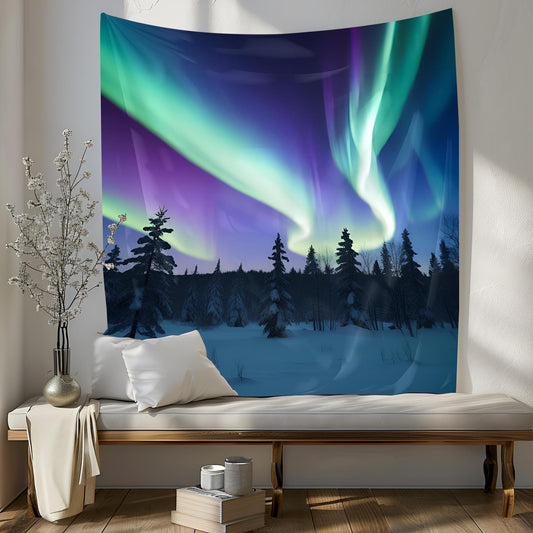 Snowy Forest Tapestry, Vibrant Aurora Borealis Sky with Swirling Northern Lights, Deep Blue Purple Minimalist Pine Silhouette Art