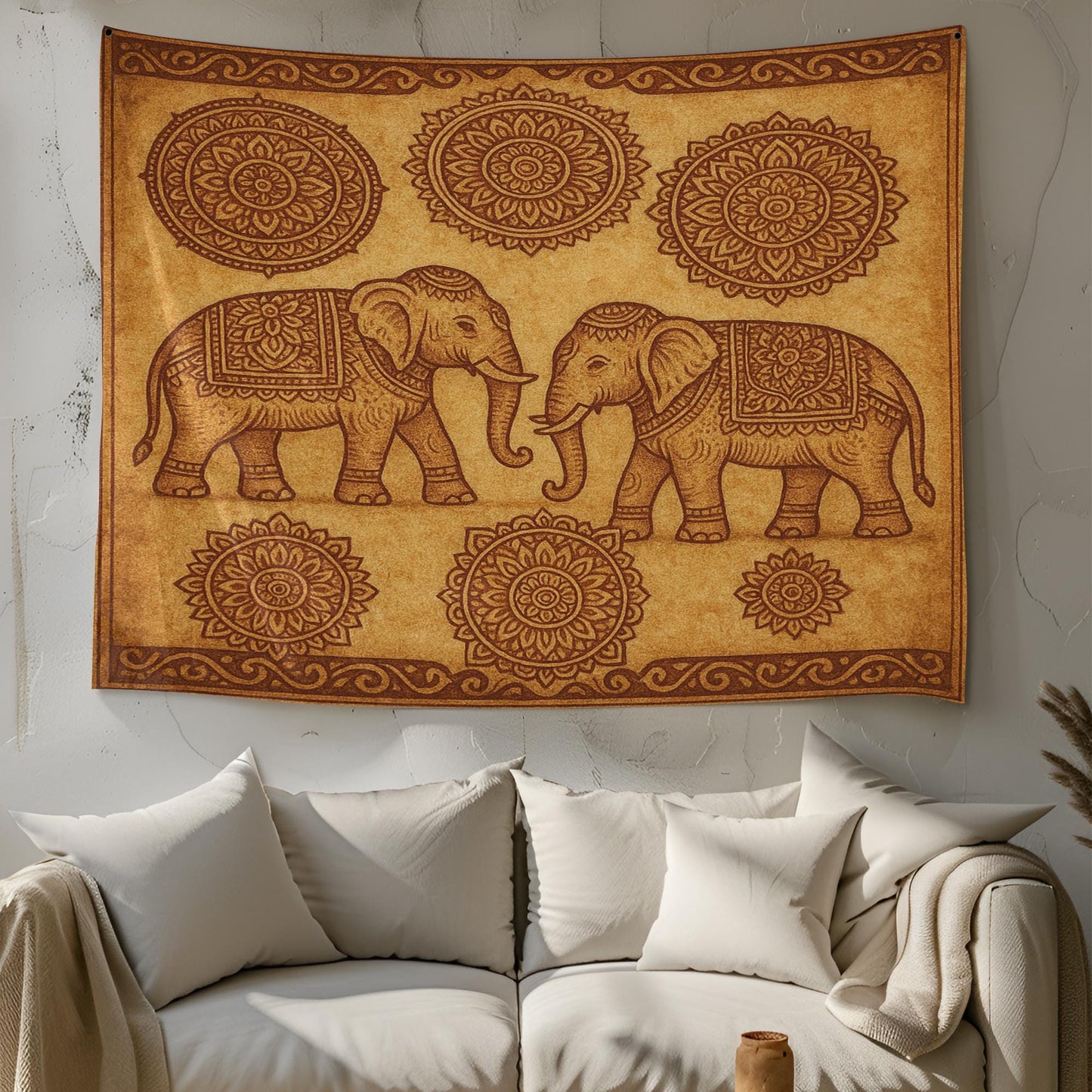 Twin Elephant Boho Wall Tapestry – Beige Mandala Tapestry with Sacred Elephant Pair and Tribal Floral Circle Accents for Zen Decor