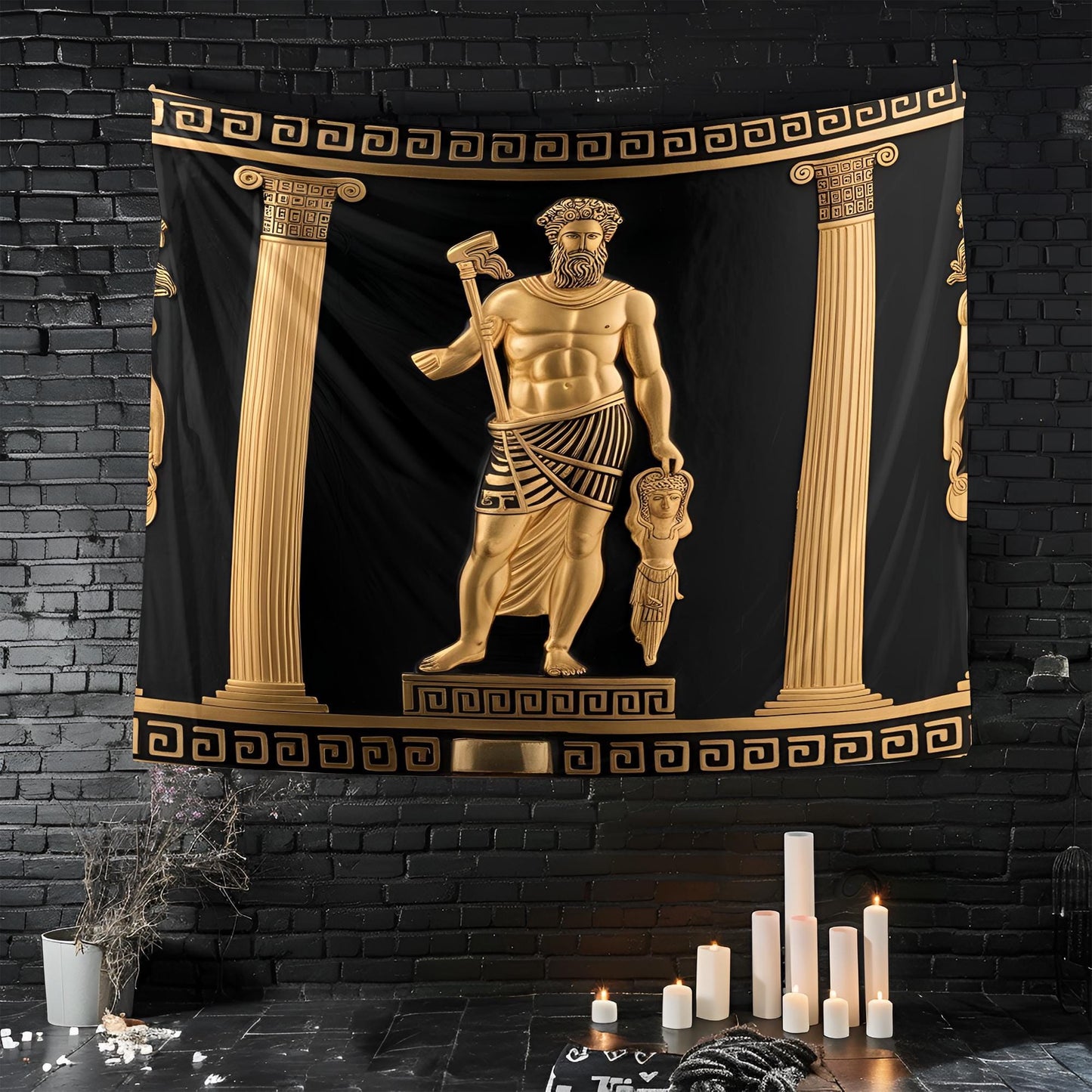 Ancient Greek Tapestry with Meander Motifs, Ionic Columns, Zeus & Athena Figures, Golden Details on Black Ceramic-Style Background
