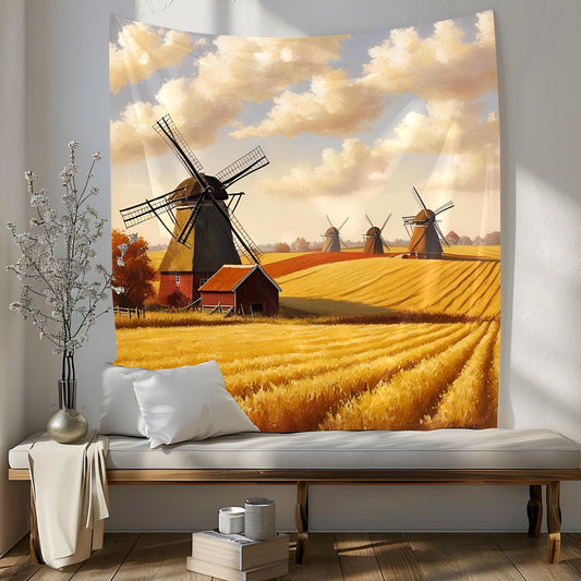 Golden Fields & Windmills Tapestry, Warm Autumn Colors with Fluffy Clouds, Soft Vintage Landscape, Rustic Countryside Wall Art