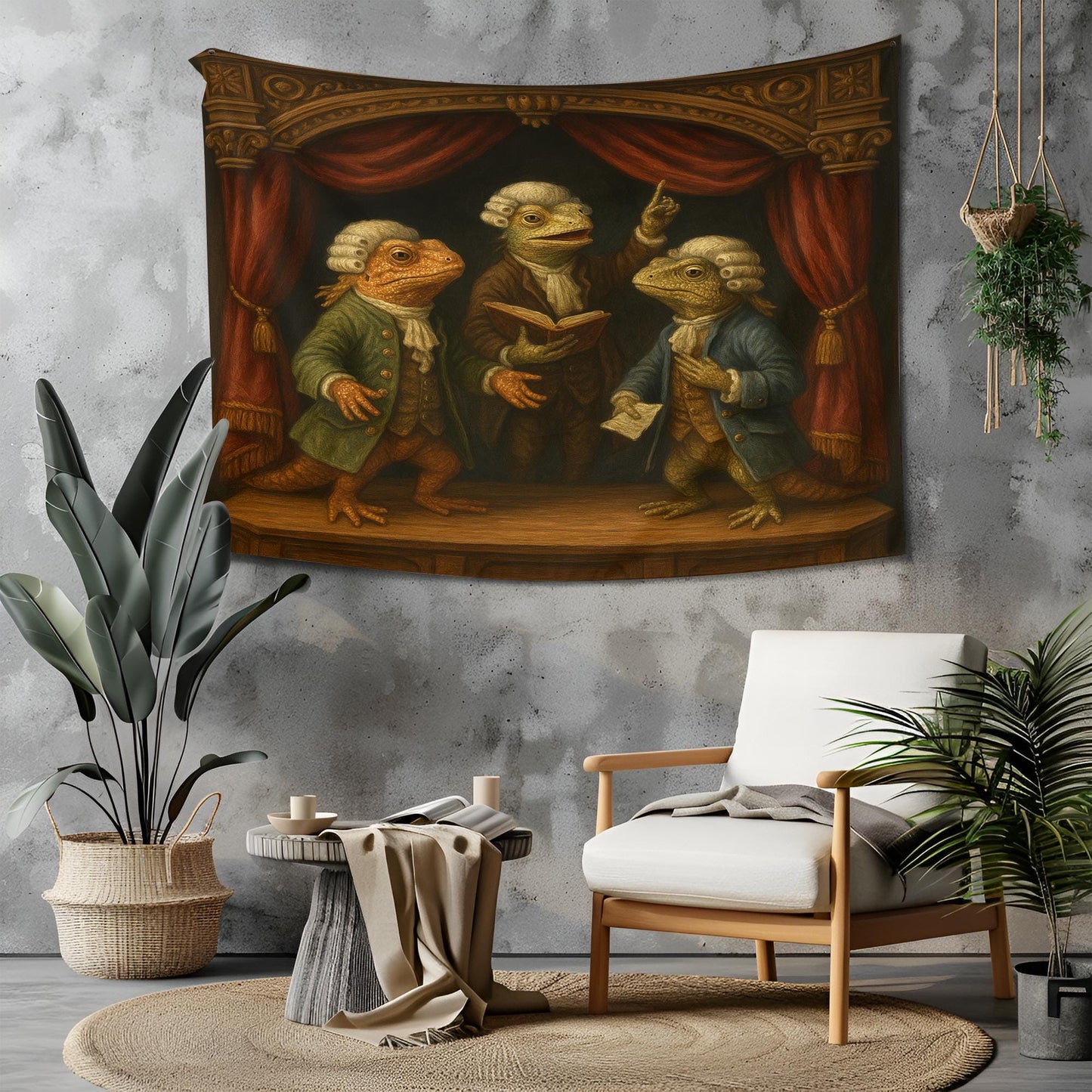 Colonial Lizard Courtroom Tapestry, Funny Bearded Dragon Wall Art, Historic Theater Reptile Print For Home Office Or Dorm Decor Gift