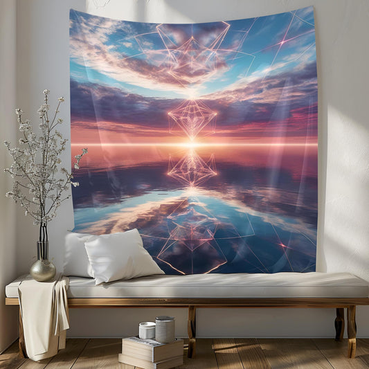 Dreamlike Surreal Ocean Sky Tapestry, Glowing Geometric Patterns, Infinite Reflections of Light & Color, Hypnotic Psychedelic Trippy Art