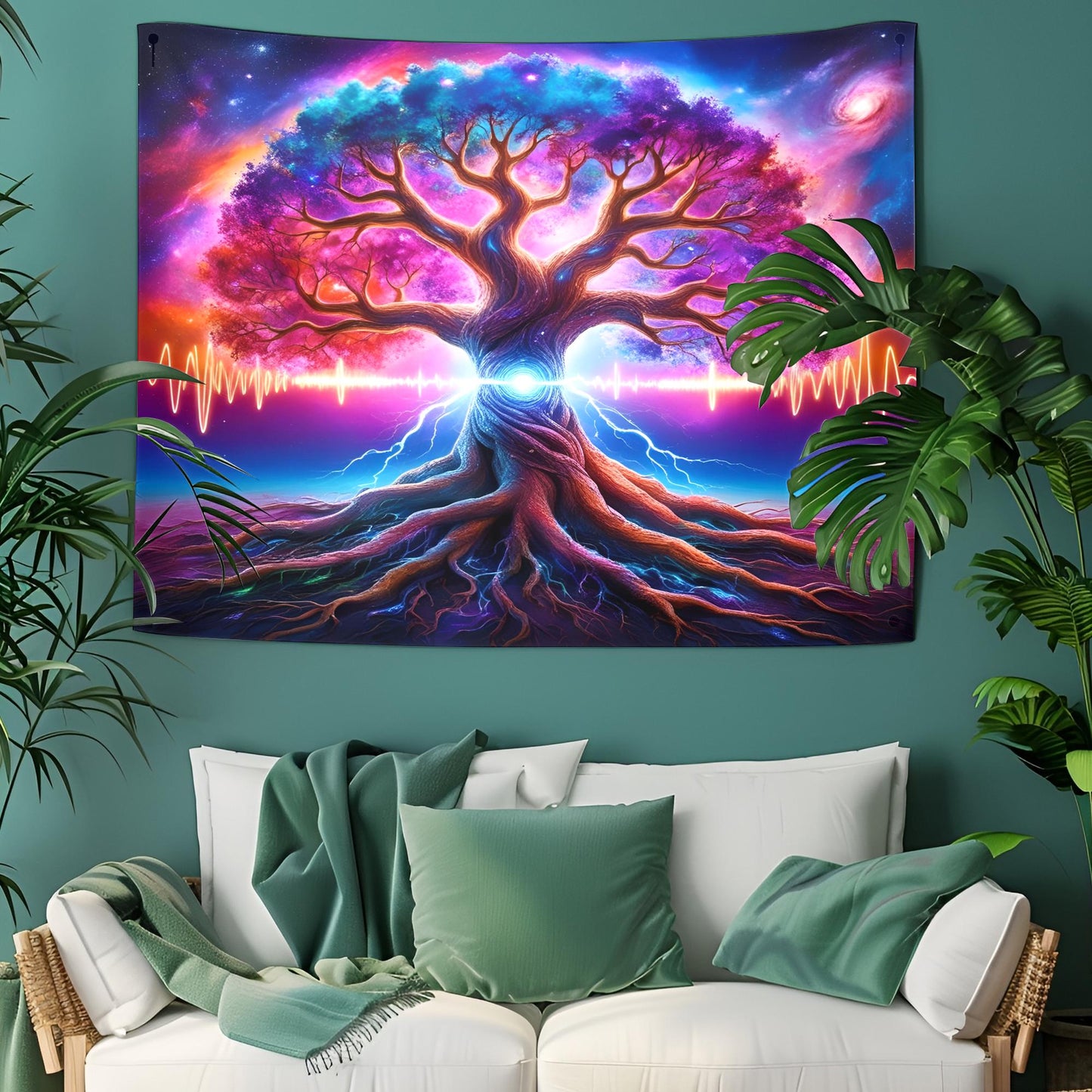 Mystical Cosmic Tree Tapestry, Glowing Branches & Galactic Roots, Neon Energy Waves, Psychedelic Surreal Wall Art, Trippy Wall Art