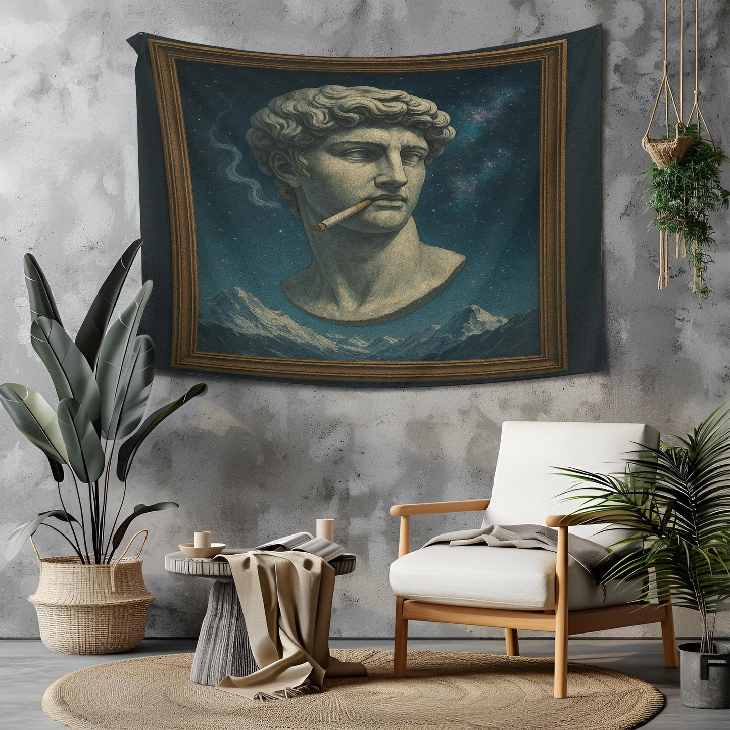 Greek Statue Smoking In Space Tapestry, Framed Art With Cosmic Sky And Mountain Merge, Surreal Retro Aesthetic Wall Art, Gift For Him Or Her