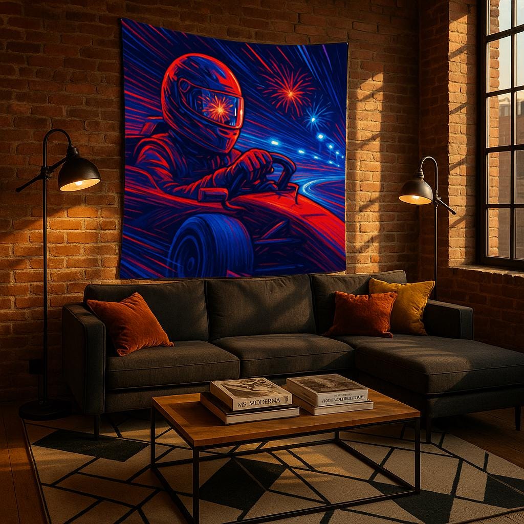 Neon F1 Racing Tapestry, Formula 1 Driver Wall Art, Night Track Motorsport Decor, Speed Lover Gift, Gamer Room Print, Car Fan Banner