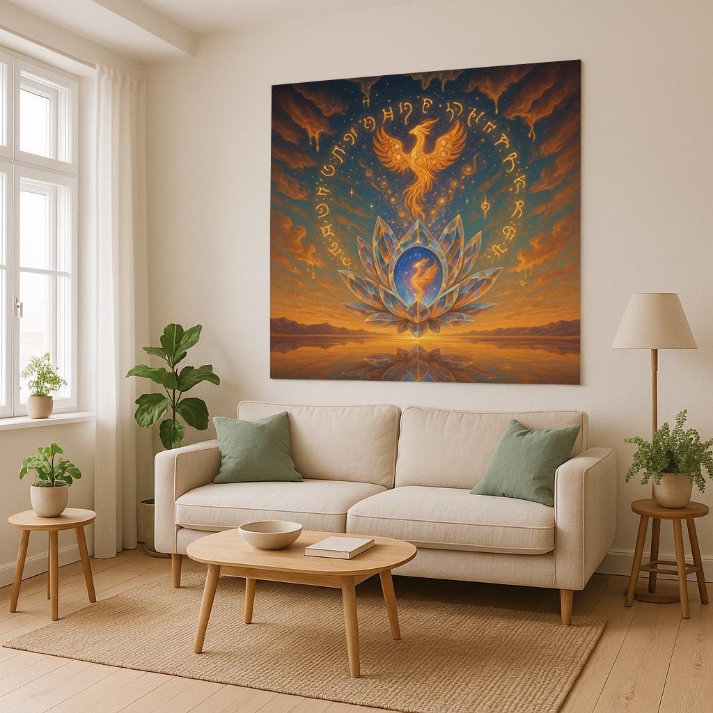 Phoenix Lotus Tapestry – Spiritual Rebirth Wall Art, Crystal Flower Sky Scene, Celestial Fire Bird Decor, Mystical Awakening Print
