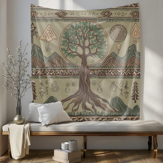 Shamanistic Tree of Life Tapestry, Spiritual Symbol Wall Art, Earthy Green Muted Brown Decor, Nomadic Mountain Water Motifs, Room Tapestry