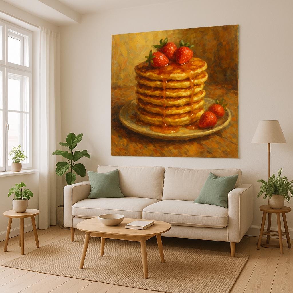 Pancake Stack Wall Tapestry with Strawberries and Syrup, Cozy Breakfast Food Art Print for Kitchen, Dining Room or Café Style Wall Decor