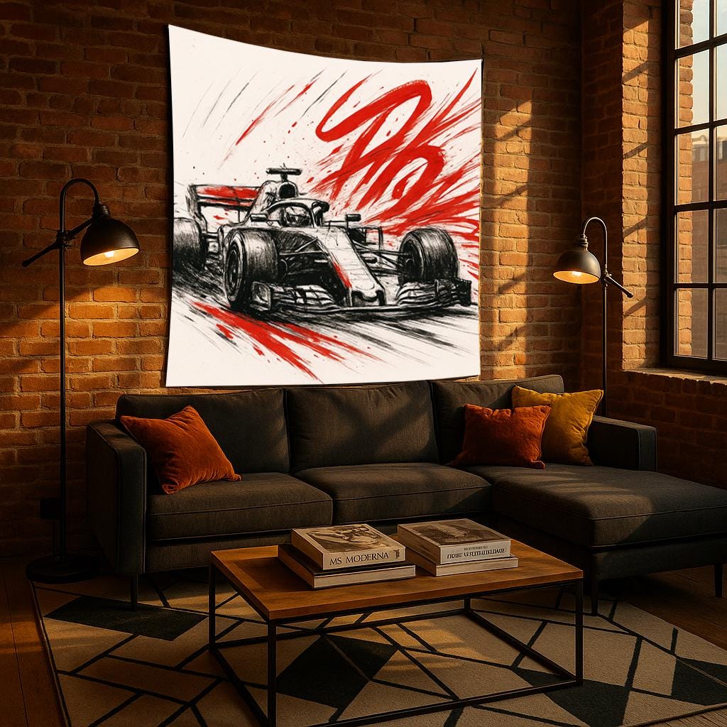 Formula 1 Racing Sketch Tapestry, Red & Black F1 Car Wall Art, Speed Decor for Car Lovers, Motorsport Man Cave Gift, Dynamic Auto Print