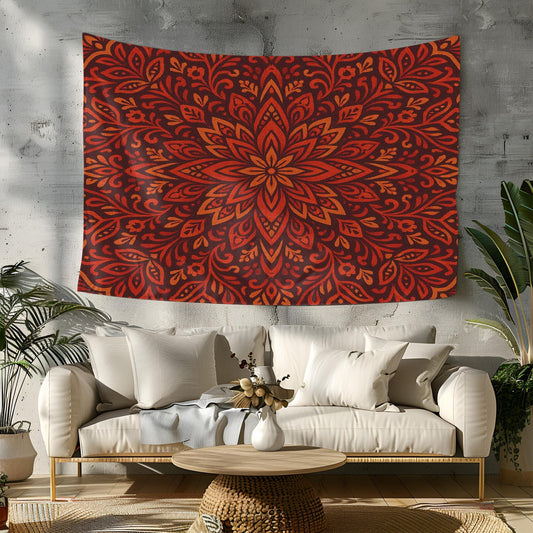 Red and Orange Boho Mandala Tapestry – Vibrant Floral Wall Hanging for Living Room or Dorm, Ethnic Spiritual Room Decor with Warm Tones