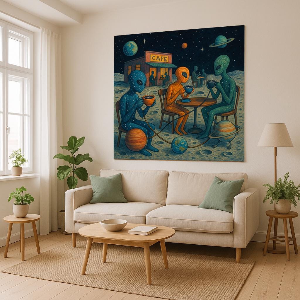 Alien Cafe Wall Tapestry with Space Beings Drinking Coffee on the Moon, Whimsical Outer Space Art for Sci-Fi Bedroom or Dorm Room Decor