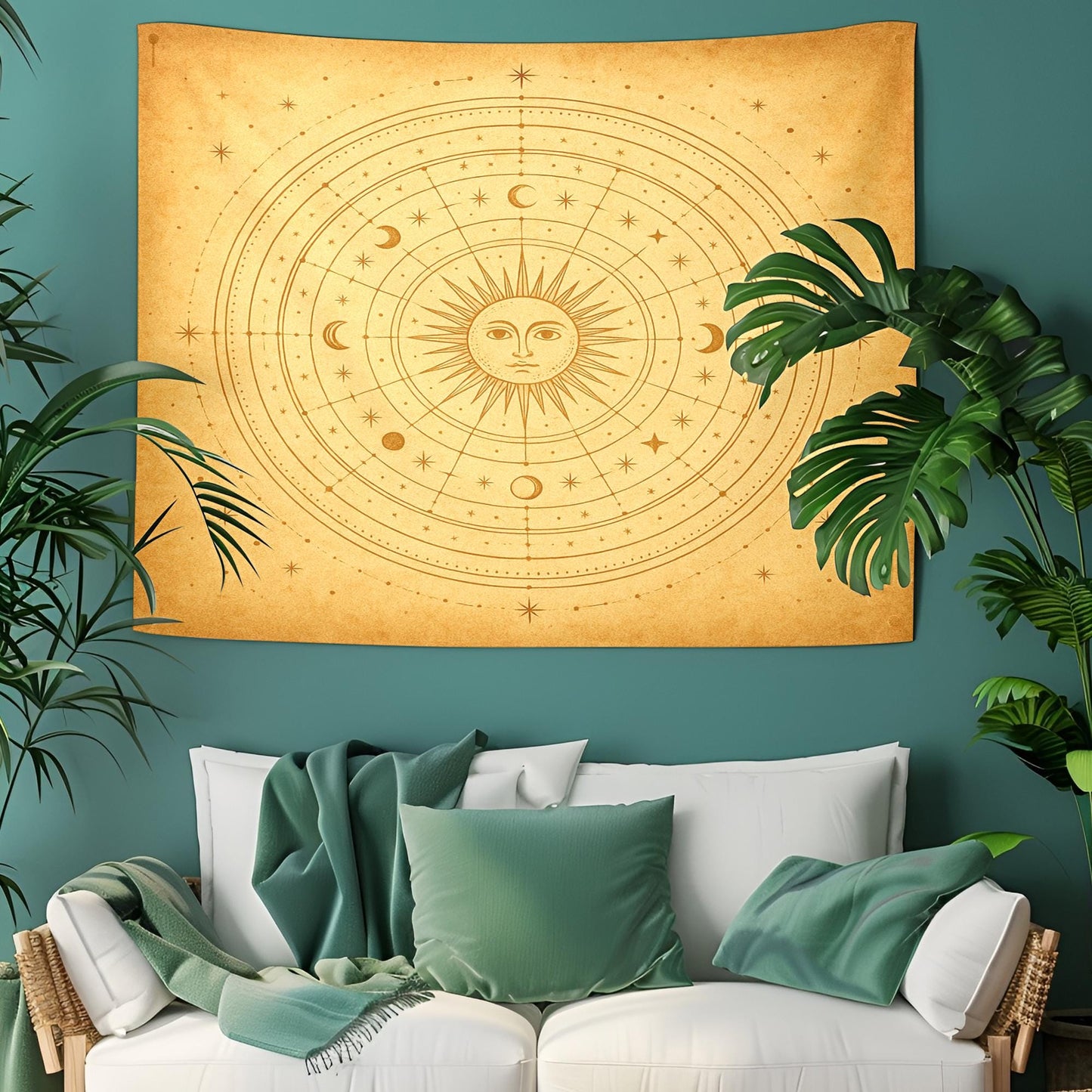 Mystical Celestial Wall Tapestry with Sun Moon Phases and Star Map – Vintage Beige Astrological Wall Art for Boho Bedroom or Meditation