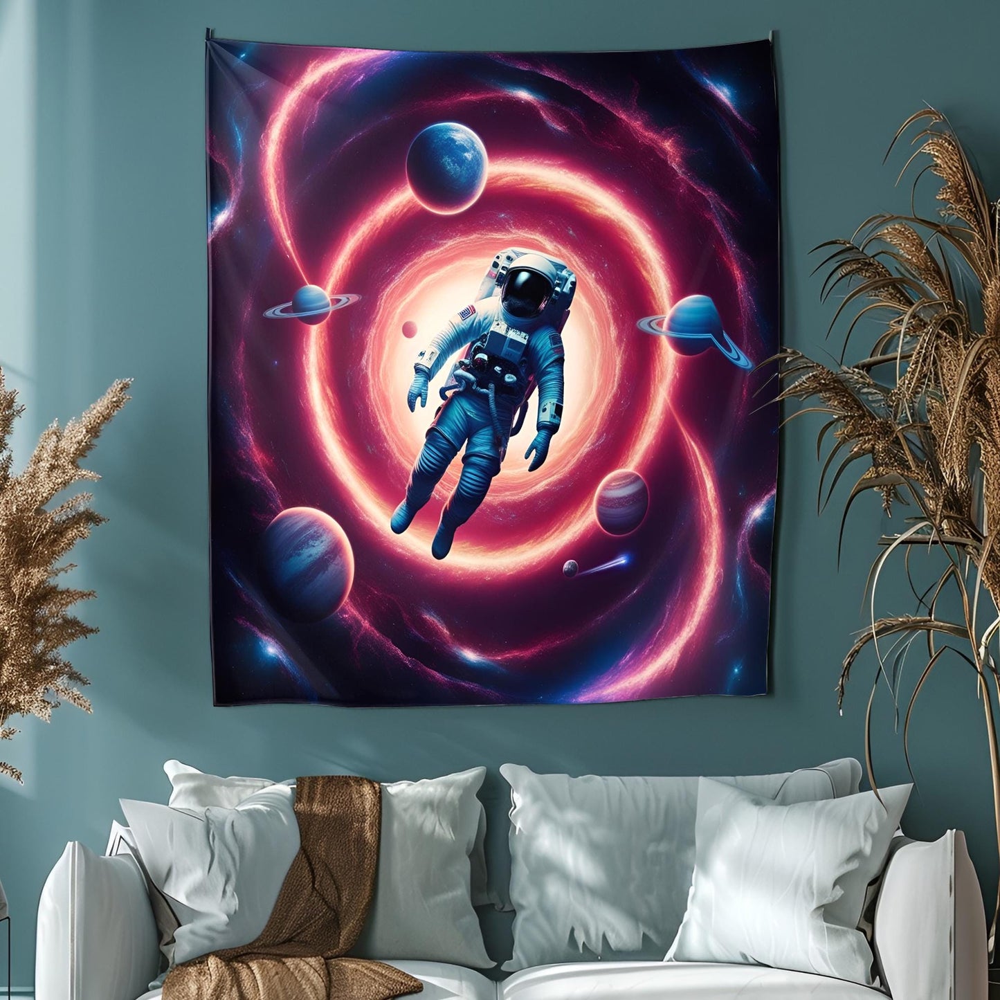 Psychedelic Astronaut Tapestry, Cosmic Vortex Wall Art, Swirling Neon Galaxies & Fractal Planets, Surreal Space Travel Decor , Trippy Decor