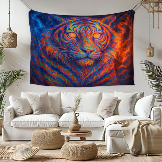 Psychedelic Tiger Tapestry, Trippy Neon Wall Art, Vibrant Jungle Decor, Boho Dorm Room Hanging, Cosmic Big Cat Gift, Festival Vibes