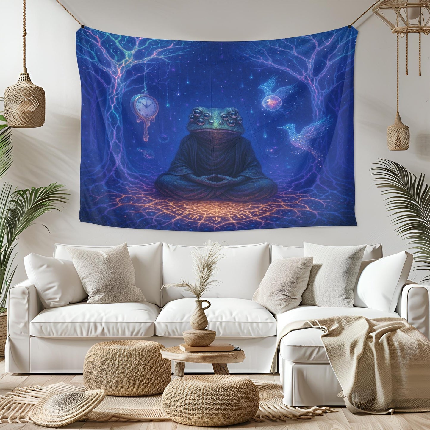 Psychedelic Frog Tapestry – Trippy Meditating Creature Wall Art, Surreal Time and Space Decor, Cosmic Boho Tapestry, Mystical Visionary