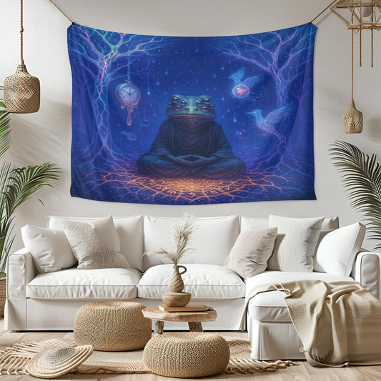 Psychedelic Frog Tapestry – Trippy Meditating Creature Wall Art, Surreal Time and Space Decor, Cosmic Boho Tapestry, Mystical Visionary