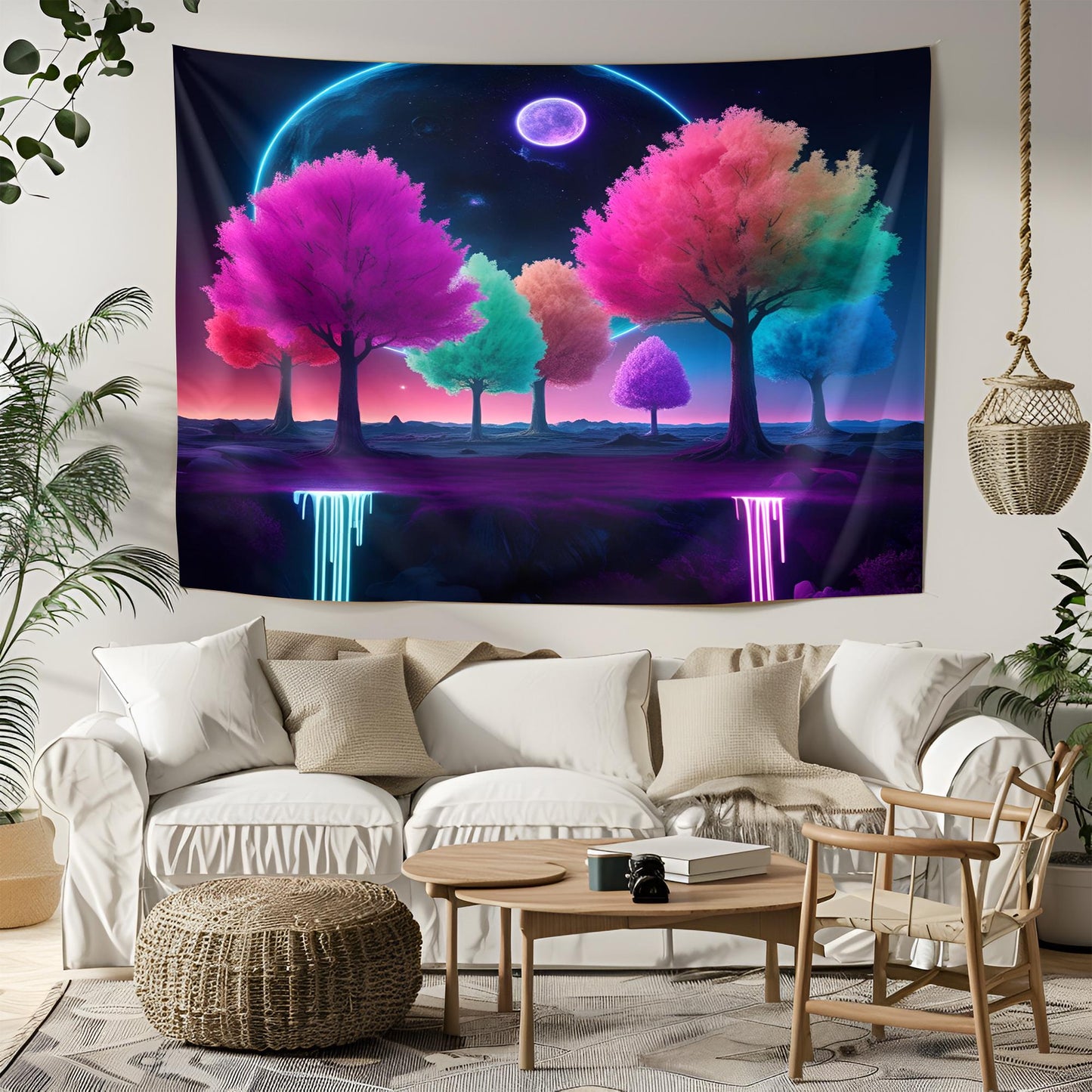 Surreal Nighttime Landscape Tapestry, Glowing Neon Rainbow Trees Floating in Cosmic Sky with Dripping Neon Light, Deep Dreamy Vibe