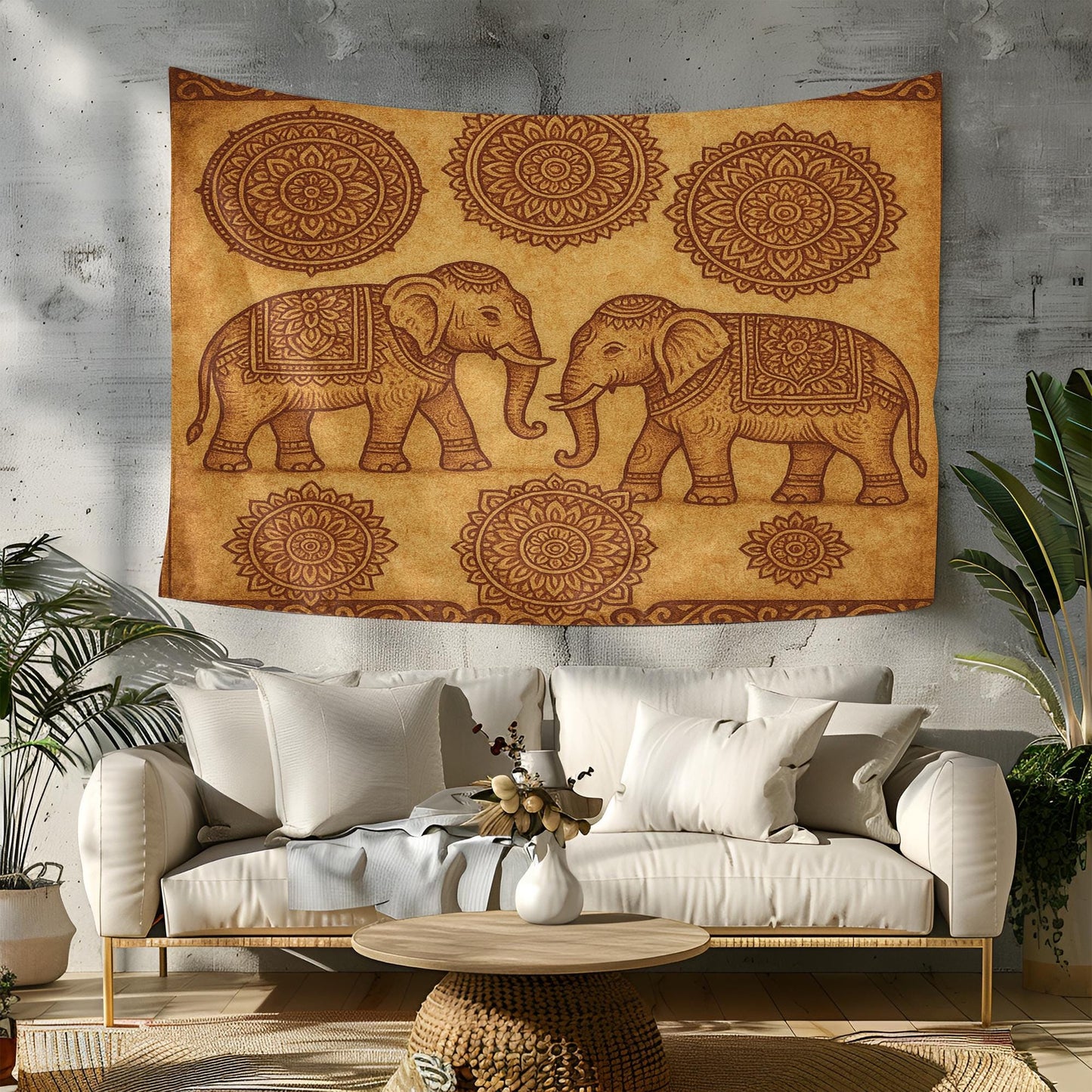 Twin Elephant Boho Wall Tapestry – Beige Mandala Tapestry with Sacred Elephant Pair and Tribal Floral Circle Accents for Zen Decor